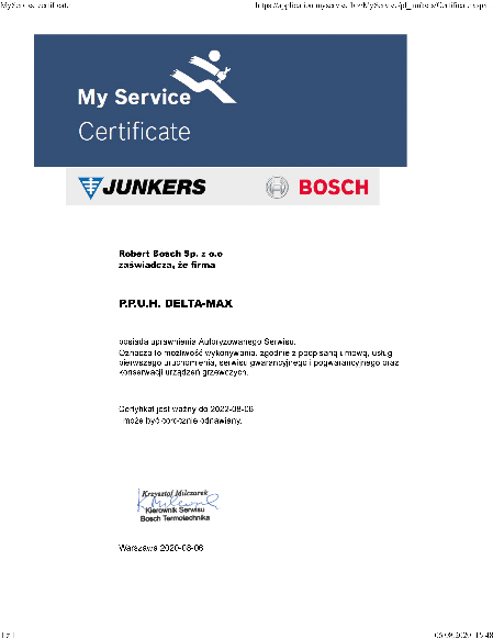 Certyfikat Junkers Bosch Halamus Serwis Poznań